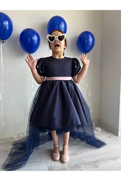 Sare Çocuk Giyim Navy Blue Plug-In Tail Girl's Evening Dress, Wedding Dress with Back Rope Detail