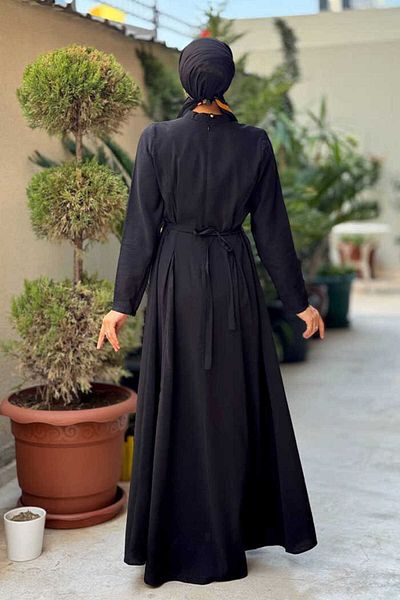 Bym Fashion Waist Belted Sleeve Zipper Detailed Dress 6041 Black
