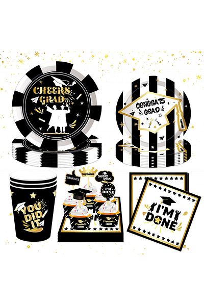 JeVenis party tableware set, cardboard, white/black/gold, 68 pieces