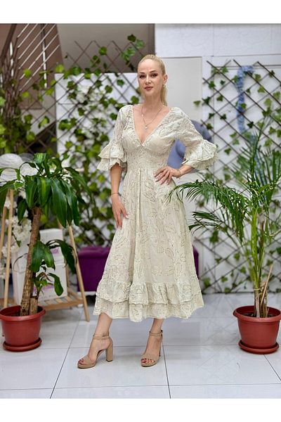 Punta Otantik Nc10995 Italian Sequined Waist Elastic Waist Cotton Dress Beige