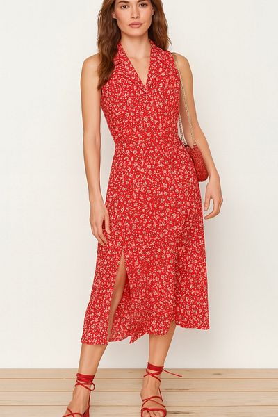 Noi Belis Red Slim Fit Floral Pattern Midi Length Polo Neck Slim Dress Ss25El0043