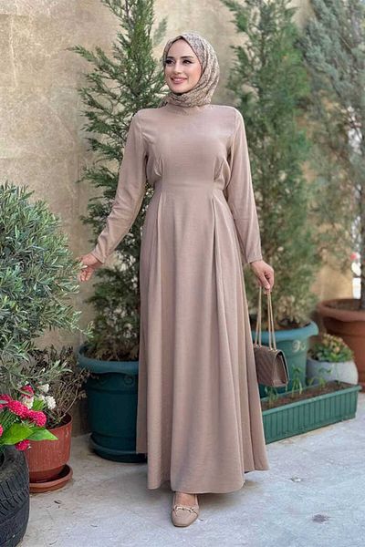 Bym Fashion Waist Belted Sleeve Zipper Detailed Dress 6041 Mink