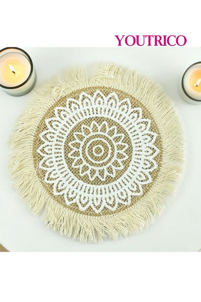 Youtrico Placemats, plate coasters, waterproof, woven jute, Nordic style, tassels,12-17cm
