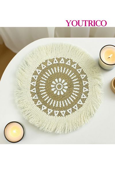 Youtrico Placemats, plate coasters, waterproof, woven jute, Nordic style, tassels,12-17cm