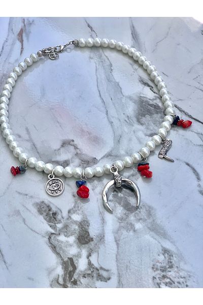 Medusa Accessories Boho Style Glass Pearl Charm Women's Necklace with Coral and Lapis Stone