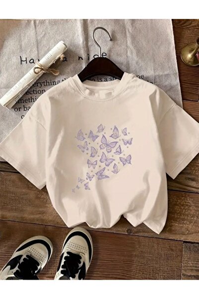 caddekombin تي شيرت بيج من القطن الممشط مطبوع عليه فراشة طائرة