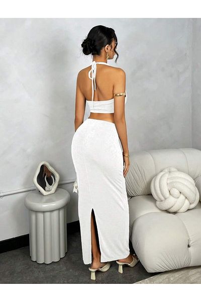 La Saade Lueur by La Saade-White Top Blouse and Skirt Set