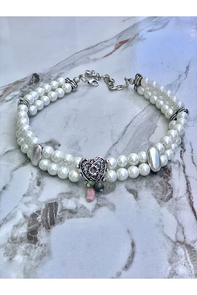 Medusa Accessories Heart Detailed Glass Pearl Choker Women's Necklace