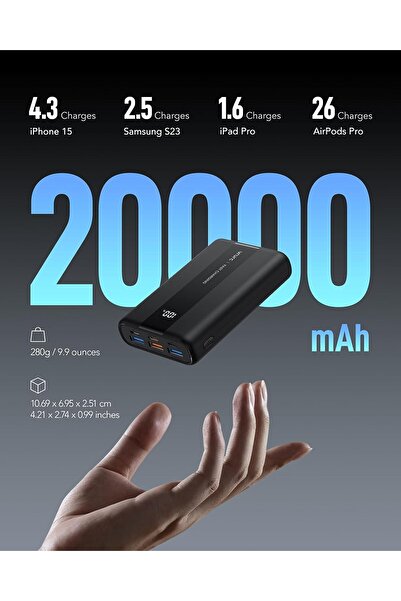 Generic VRURC Power Bank 20000mAh USB-C 22.5W Portable Charger PD & QC 3.0 LED Display (Black)