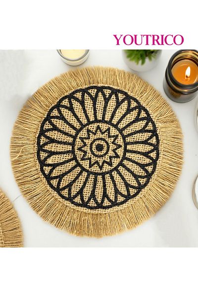 Youtrico Placemats, plate coasters, waterproof, woven jute, Nordic style, tassels,12-17cm