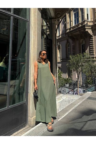 Ecenin Favorileri Χακί Maxi Boy Linen Look Φόρεμα
