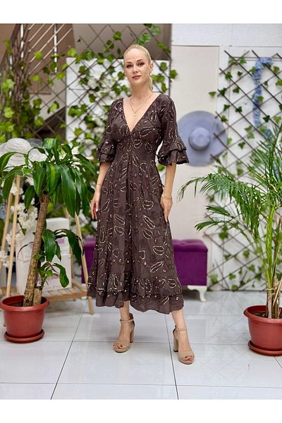 Punta Otantik Nc10995 Italian Sequined Waist Elastic Coton Dress Coffee