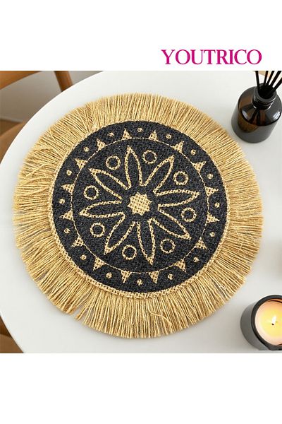 Youtrico Placemats, plate coasters, waterproof, woven jute, Nordic style, tassels,12-17cm