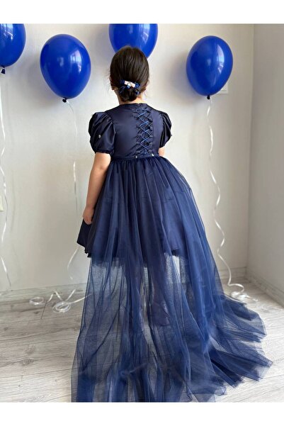 Sare Çocuk Giyim Navy Blue Plug-In Tail Girl's Evening Dress, Wedding Dress with Back Rope Detail