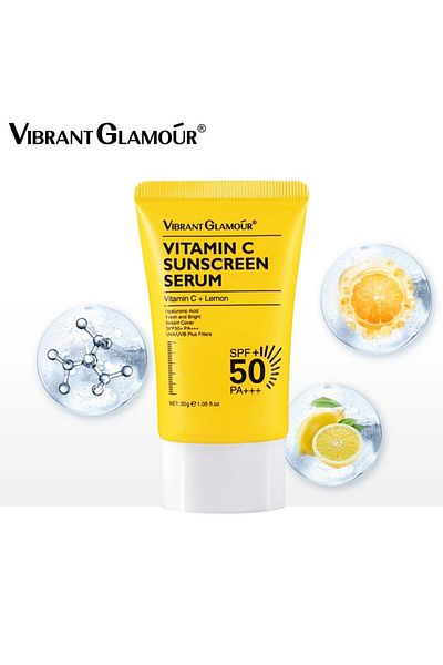 Vibrant Glamour Vitamin C Sunscreen Serum SPF 50+/PA+++, UV Protection, Moisturizer with Ceramides a