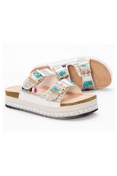 Guja 25Y103 Women's High Cork Sole Stone Double Tape Slippers