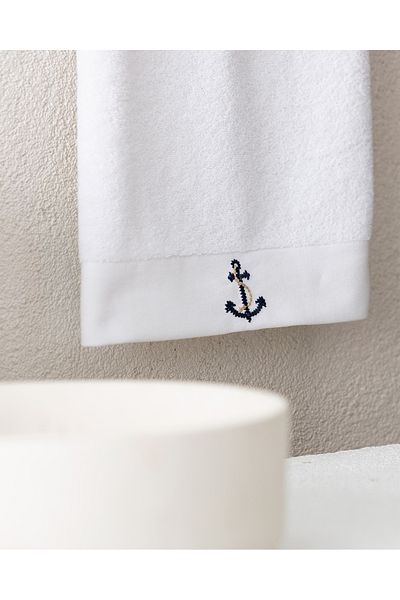 Madame Coco Ancre Embroidered 100% Cotton Face Towel - White - 50X76 cm