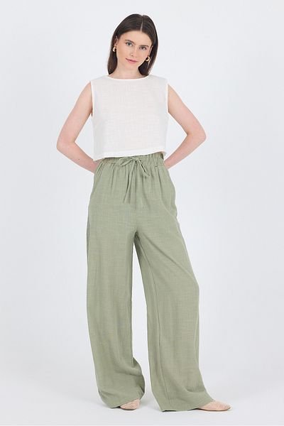 Rays Olive Green Linen Look 100% Cotton Wide Leg Trousers 3040