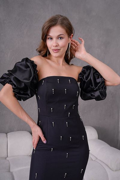 Neşeli Butik Women Black Stone Detail Sleeve Flounced Evening Dress Nbs9377