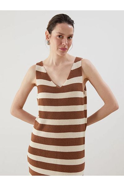 LC Waikiki Lcwaikiki Classic Brown V-Neck Striped Women's Knitwear Dress