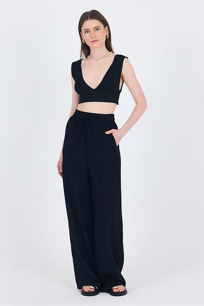 Rays Black Linen Look 100% Cotton Wide Leg Trousers 3040