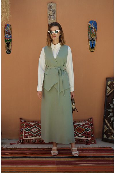 Fatma Atasoy Tie-Up Linen Mint Vest Skirt Suit