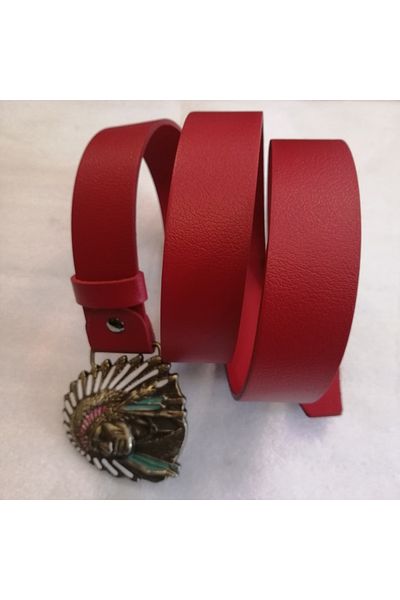 Butik Tülin Unisex Authentic Genuine Cowhide Leather Red Bronze Colored Enamel Indian Chief Cowboy Buckle Belt
