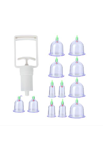 NEO Set of 12 Transparent Cupping Cups for Therapeutic Massage with Vacuum Pump, Anti-Cellulite Effects, Year