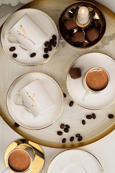 Kütahya Porcelain Bone Desire 12 Piece Coffee Set for 6 People Angelica Gold