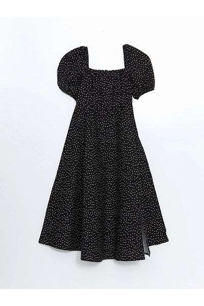 LC Waikiki Xside Black Square Neck Pattern Short Sleeve Women's Dress