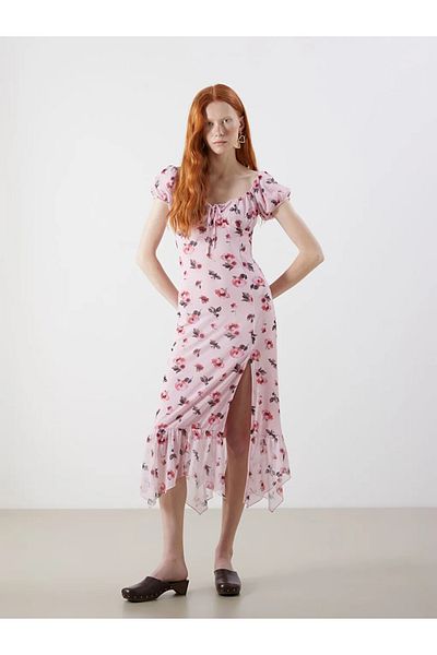 LC Waikiki Xside Pink Tie-Up Neckline Floral Bodycon Dress