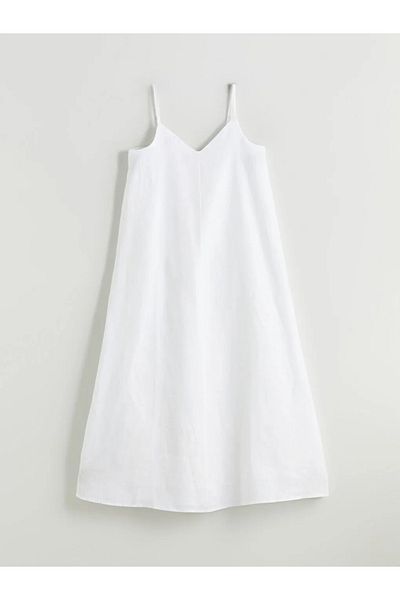 LC Waikiki Lcw Vision Ecru V-Neck Strap A-Line 100% Linen Dress