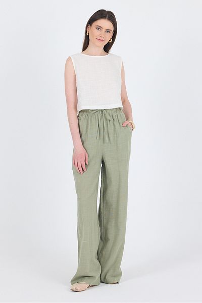 Rays Olive Green Linen Look 100% Cotton Wide Leg Trousers 3040