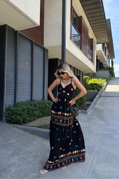 Neşeli Butik Black Strap Maxi Length Viscose Dress Nbmy3761