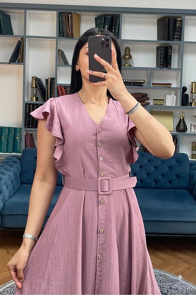 Neşeli Butik Women's Dusty Rose Ruffle Detail Midi Dress Nbmy3739