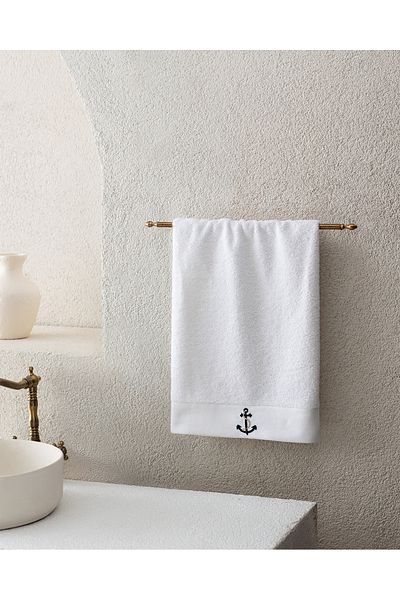 Madame Coco Ancre Embroidered 100% Cotton Face Towel - White - 50X76 cm