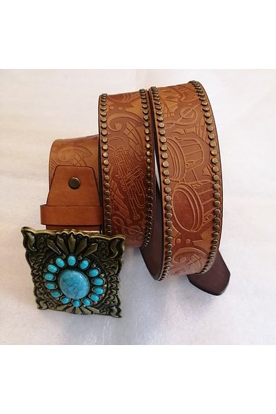 Butik Tülin Unisex Authentic Faux Leather Musical Instrument Printed Tan Bronze Blue Stone Cowboy Buckle Belt