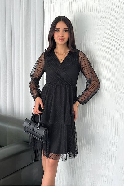 Neşeli Butik Women Black Polka Dot Foldover Tulle Dress Nbk054