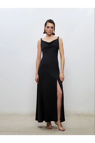 LC Waikiki Soulife Black Draped Neckline Strap Evening Dress