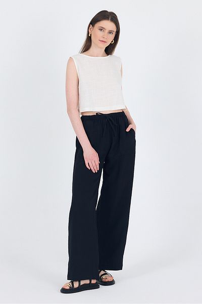 Rays Black Linen Look 100% Cotton Pocket Wide Leg Trousers 8054A