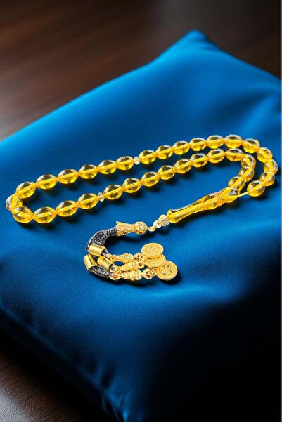 Atolyezone Çay Fosilli Toz Kehribar Tesbih, Kehribar Tespih Altın Kaplama Püs...