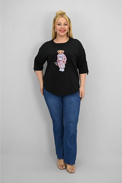 Koza Butik Women's Plus Size Short Sleeve Stone Detailed Bear Printed Oversize T-Shirt 1926-25