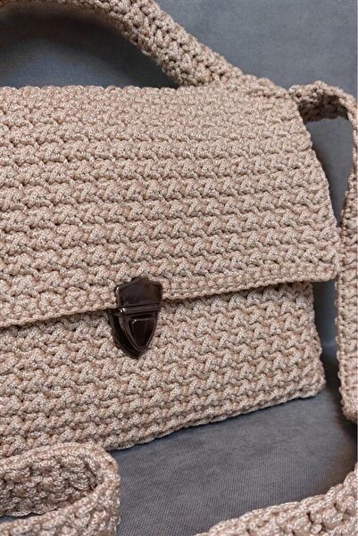 Uretti - Hülya 6683 9518 Hand Knitted Beige Macrame Thread Women's Hand and Shoulder Bag