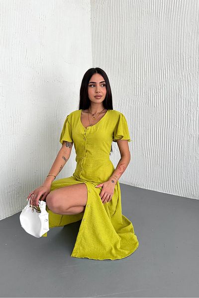Neşeli Butik Women's Belted Double Breasted Collar Linen Dress Nbk058