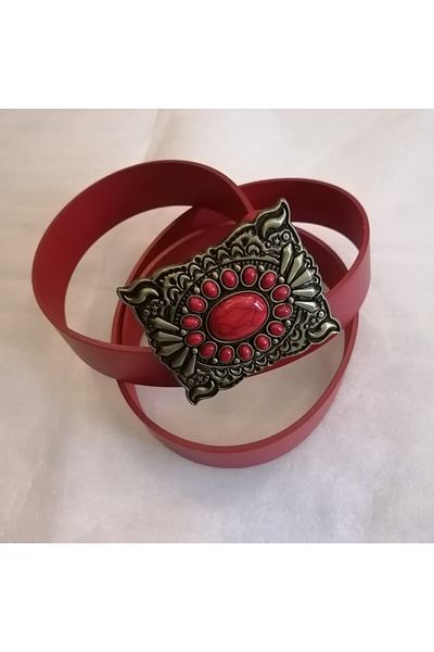 Butik Tülin Unisex Authentic Genuine Cowhide Leather Red Bronze Red Stone Cowboy Buckle Belt
