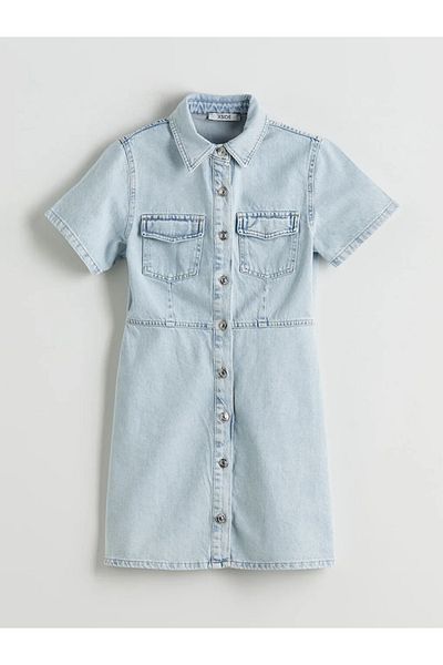 LC Waikiki Xside Blue Shirt Collar Mini Jean Dress