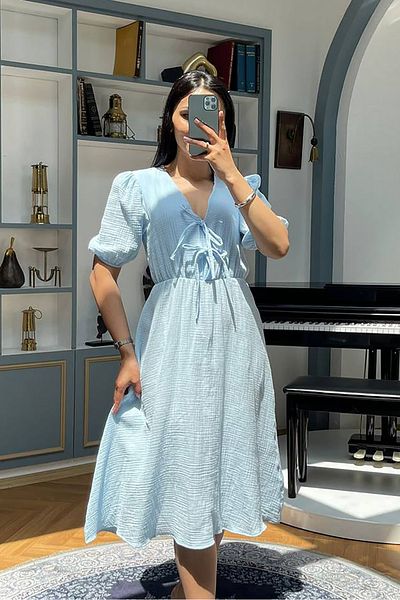 Neşeli Butik Women's Blue Muslin Fabric Summer Dress Nbmy3753