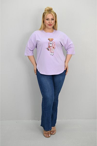 Koza Butik Women's Plus Size Short Sleeve Stone Detailed Bear Printed Oversize T-Shirt 1926-25