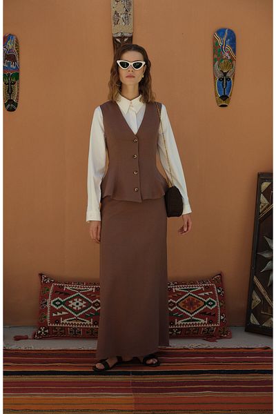 Fatma Atasoy Peplum Linen Brown Vest Skirt Suit