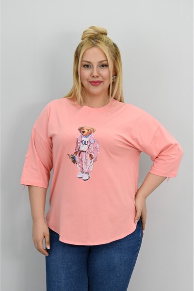 Koza Butik Women's Plus Size Short Sleeve Stone Detailed Bear Printed Oversize T-Shirt 1926-25
